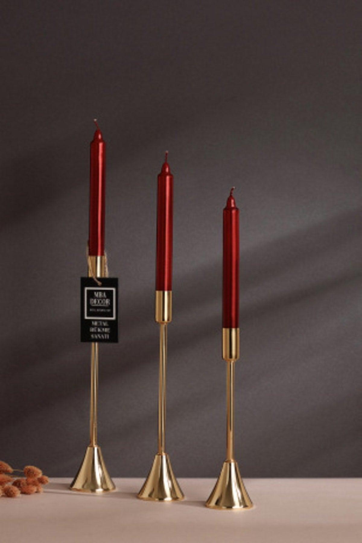 Red Triple Candlestick Luminous Candle Non-drip Metallic Body 1st Quality Long Stick Tapered - Swordslife