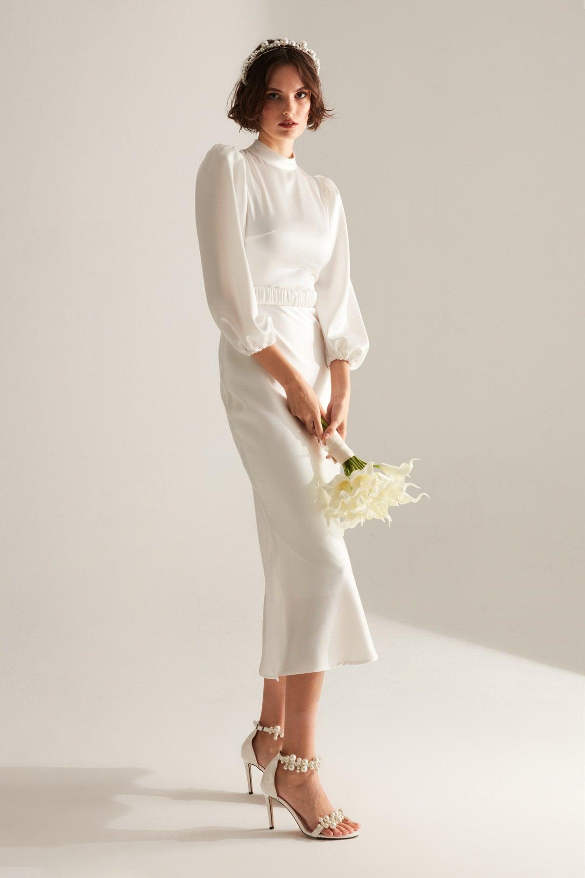 Judge Collar White Long Balloon Sleeve Evening Dress - Swordslife