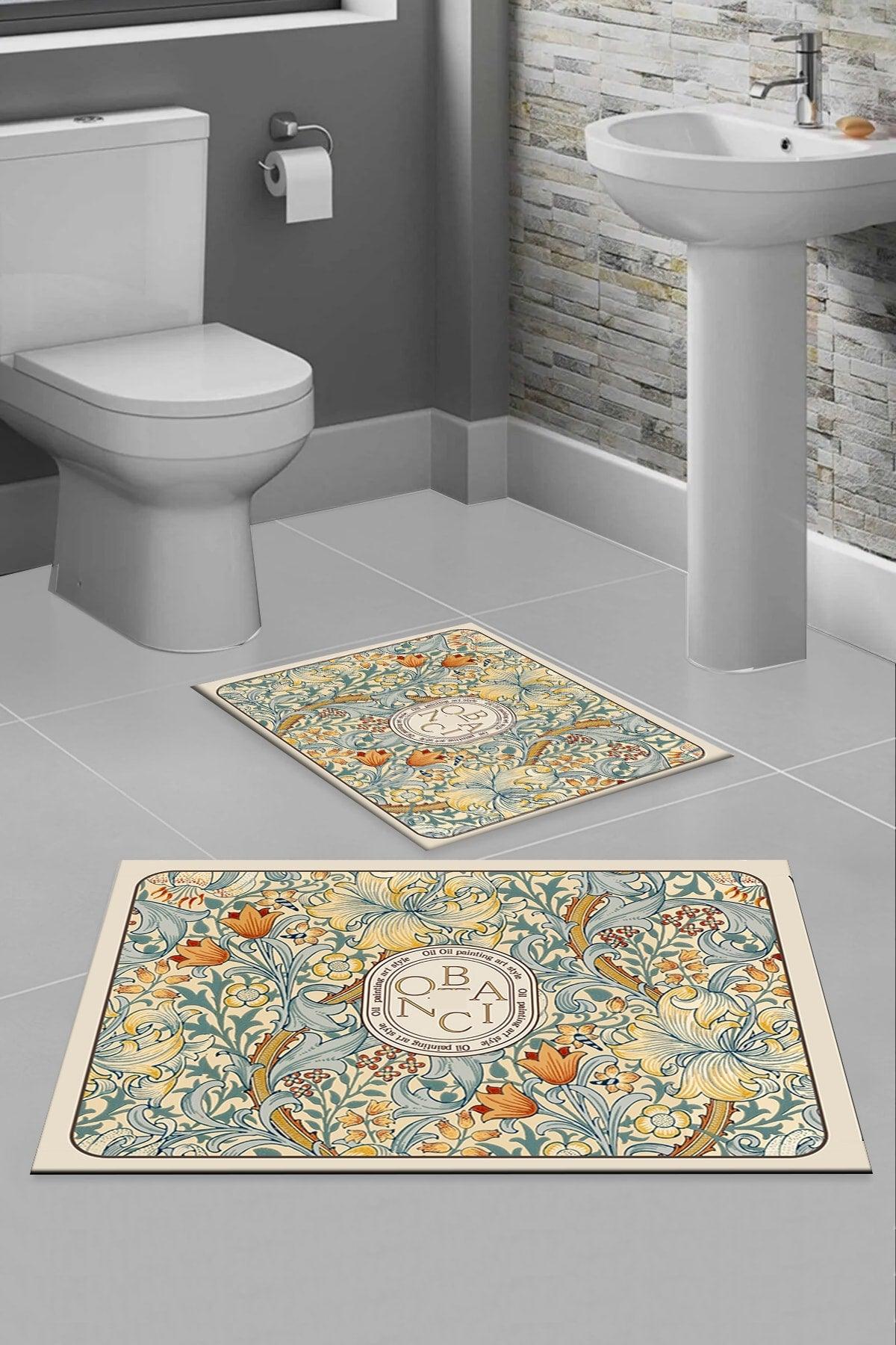 Else Yellow Flowers Patterned Washable Non-Slip Floor 2 Bathroom Carpet Doormat Closet Set - Swordslife