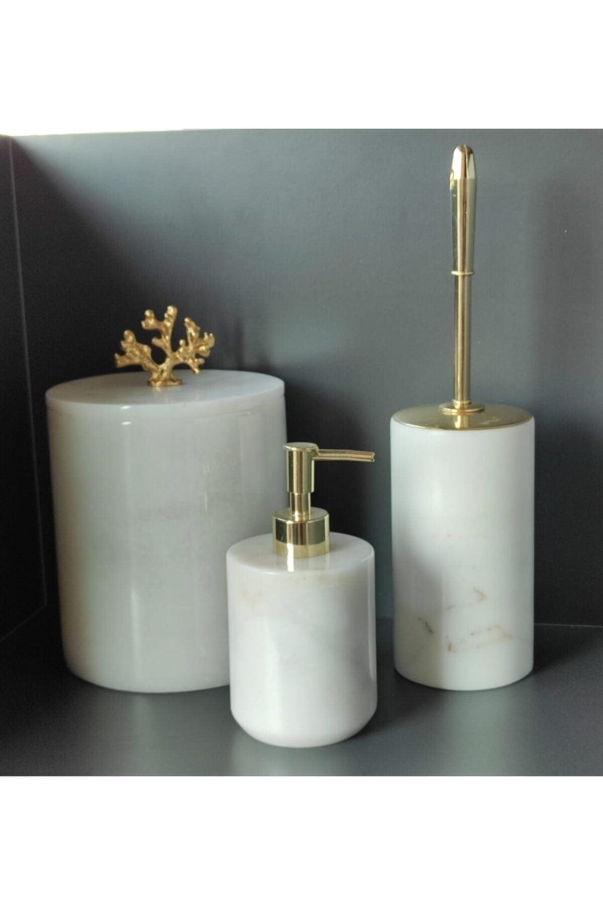 White Marble 3 Piece Bathroom Set (WASTE CAN, WC BRUSH, LIQUID SOAP DISPENSER) - Swordslife