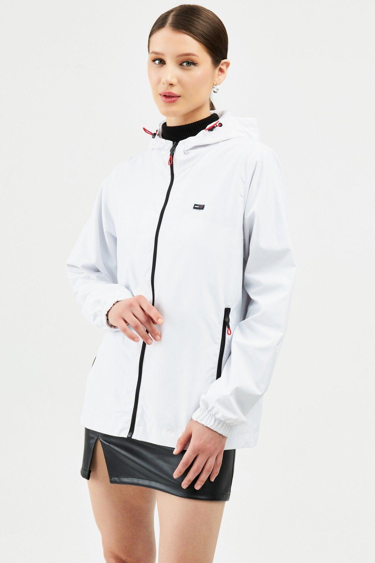 Women's White Inner Lined Waterproof Hooded Raincoat with Pocket - Windbreaker Jacket - Swordslife