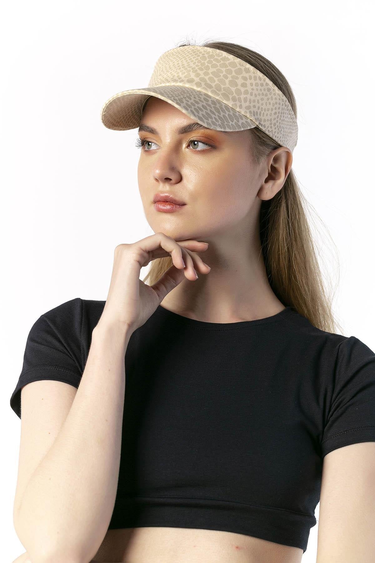 14055 Uv Protected Leopard Patterned Beige Colored Open Top Visor Hat