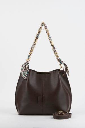 Women'S Bitter Brown Scarf Chain Accessory Soft Leather 3-Compartment Hand, Arm And Shoulder Bag