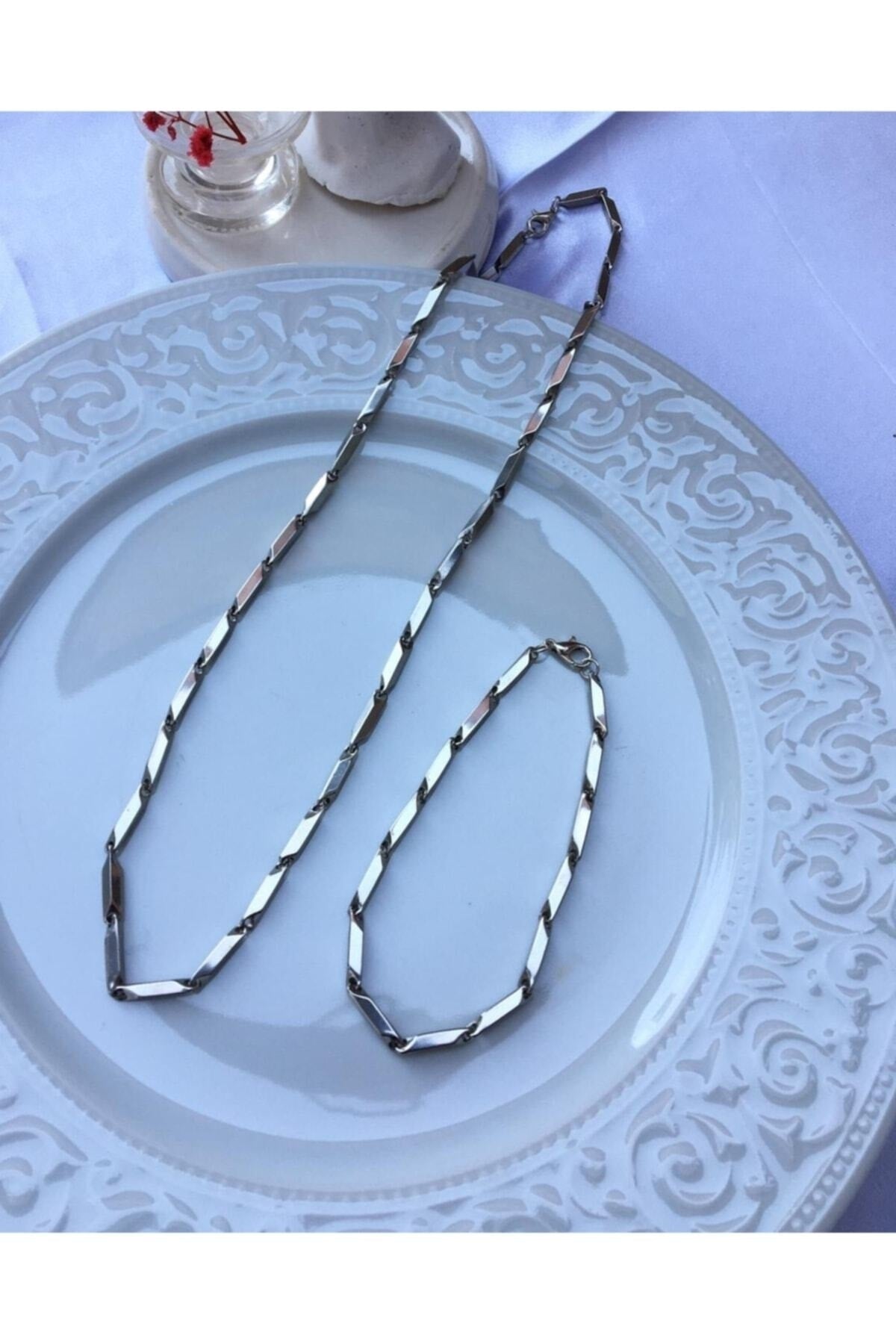 Men'S Steel Necklace And Bracelet Set Cube Triangle Model Chain