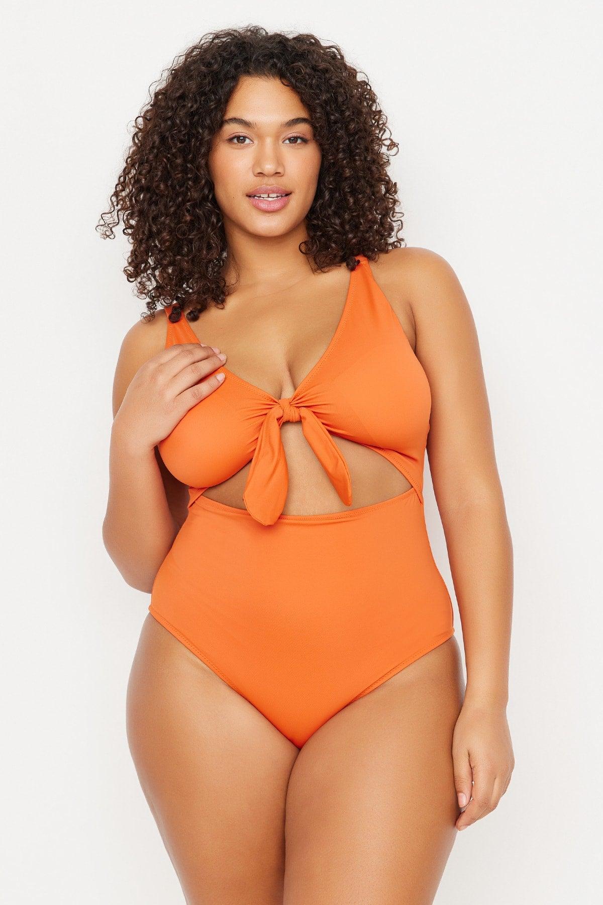 Orange Cut Out Tie Detailed Swimsuit TBBSS22MA0302 - Swordslife