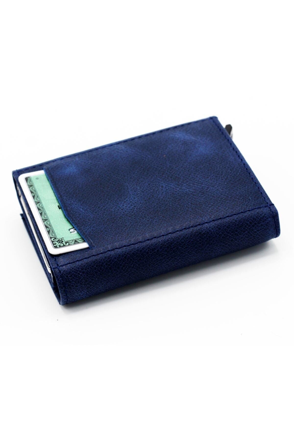 Men'S Navy Blue Leather Mechanism Wallet Card Holder
