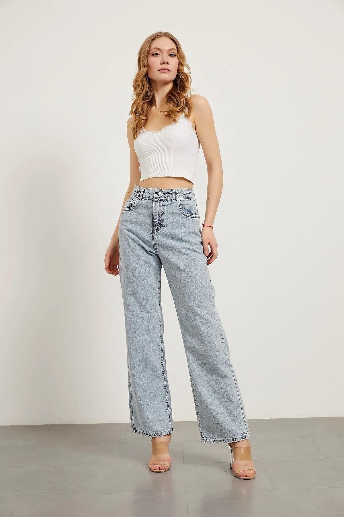 Women's Halsey Blue Snow Wash High Waist Wide Leg Denim Jeans- Loose Trousers - Swordslife