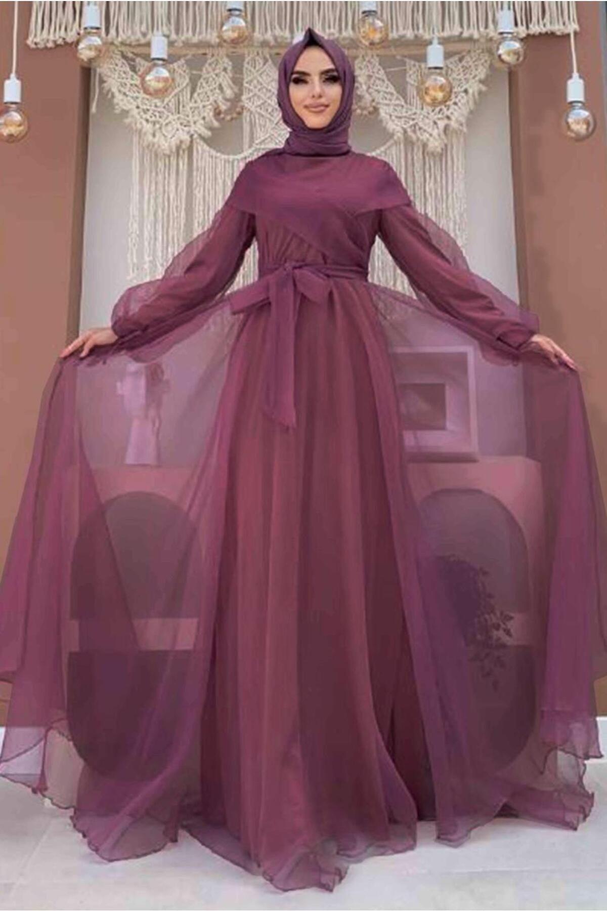 Women's Purple (LILA) Belted Tulle Evening Dress T 4693 - Swordslife