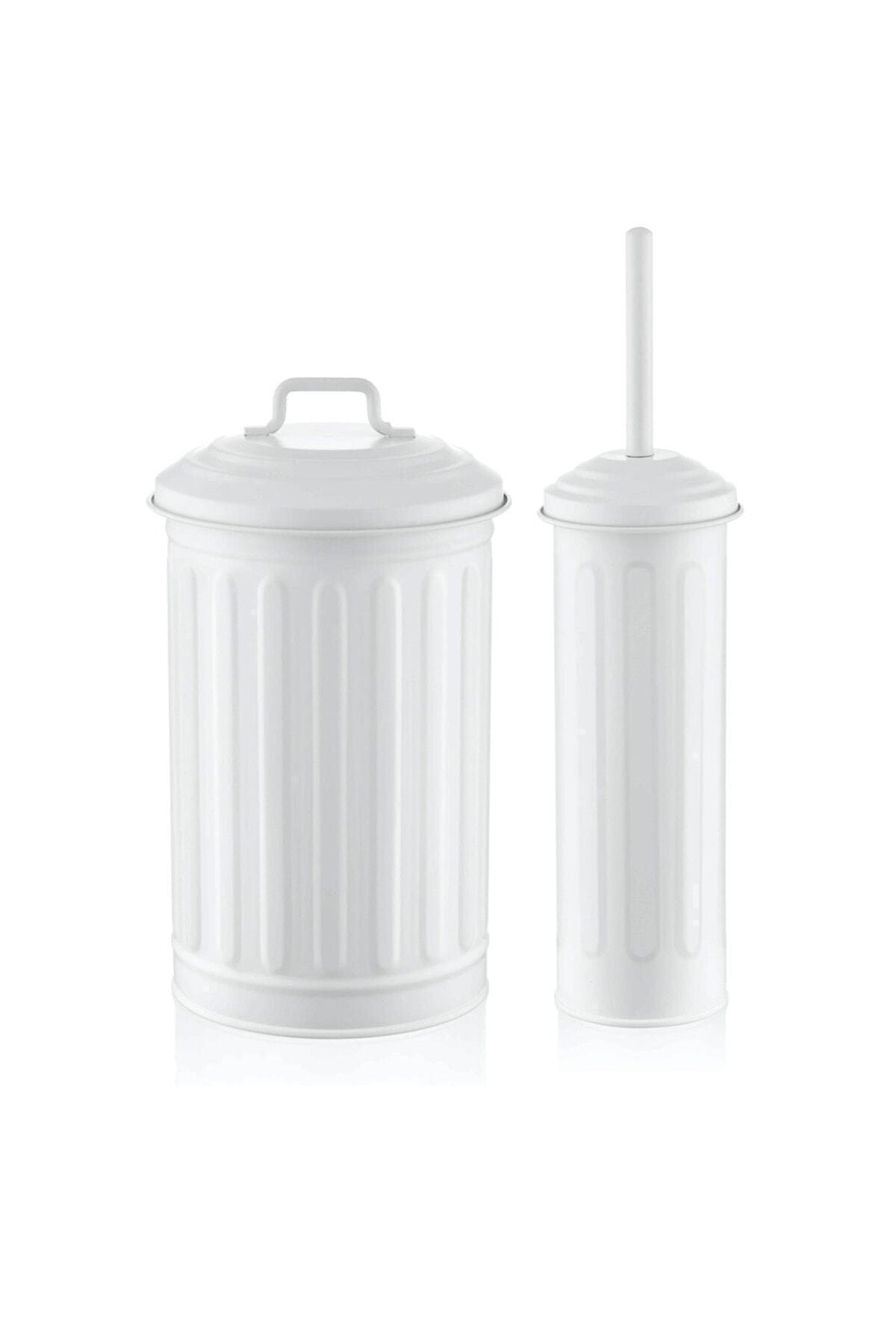 Galvanized Dustbin & Toilet Brush Set White - Swordslife