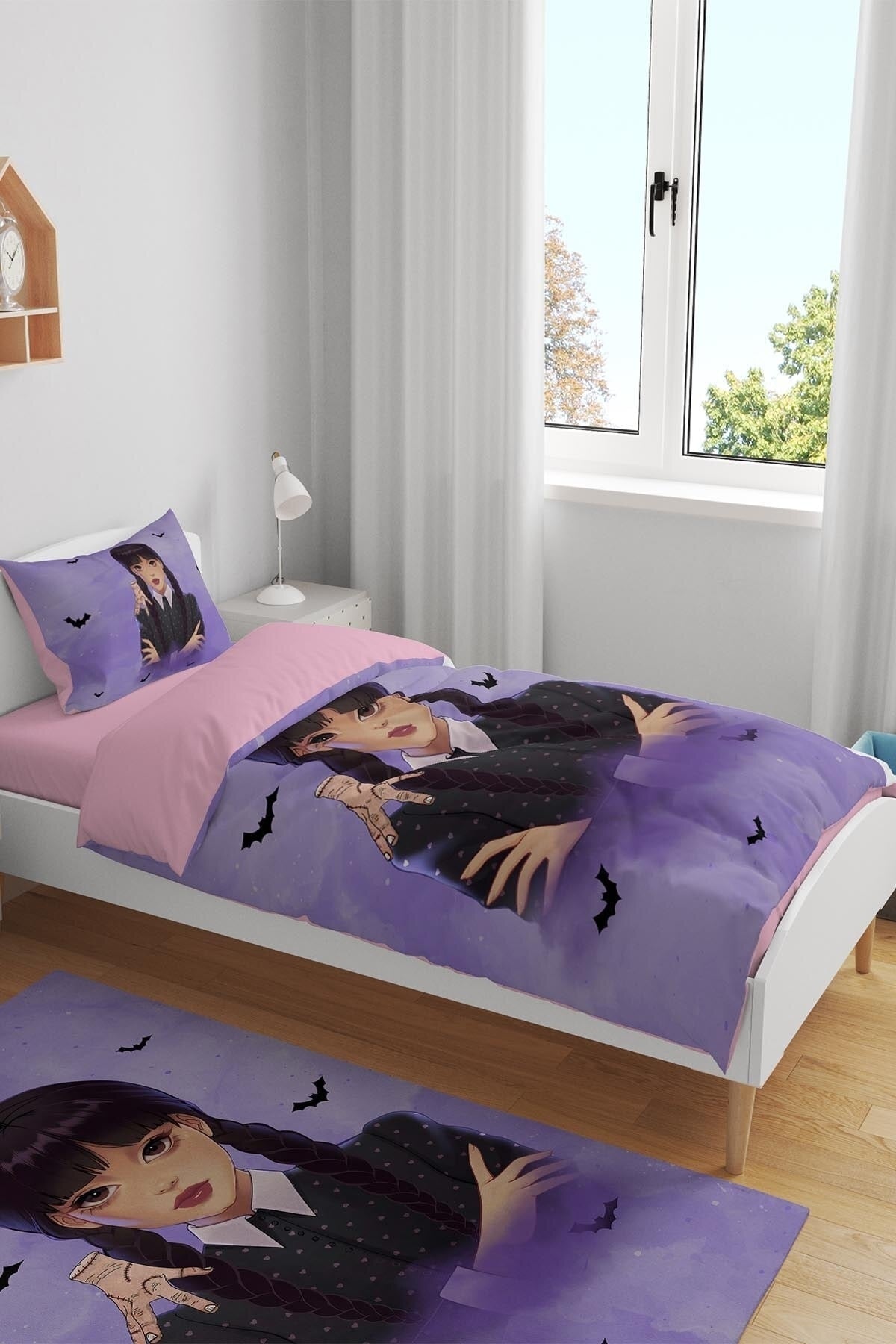 Purple Bat Wednesday Addams Patterned Single Baby Kids Duvet Cover Set