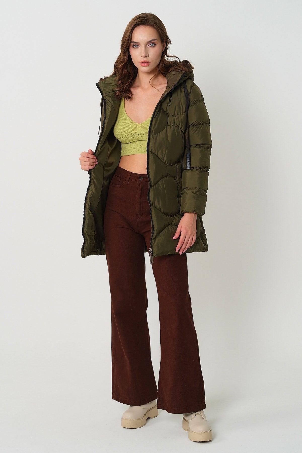 Women's Khaki Hooded Cord Detailed Inflatable Coat - Swordslife