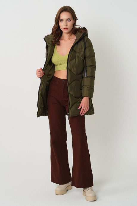 Women's Khaki Hooded Cord Detailed Inflatable Coat - Swordslife