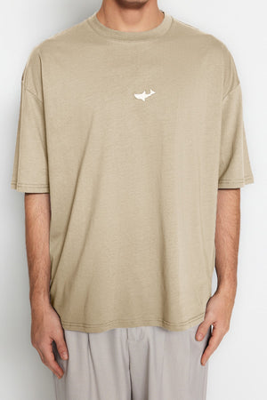 Stone Men'S Oversize Fit Cycling Collar Short Sleeve Shark Embroidered T-Shirt Tmnss23Ts00245