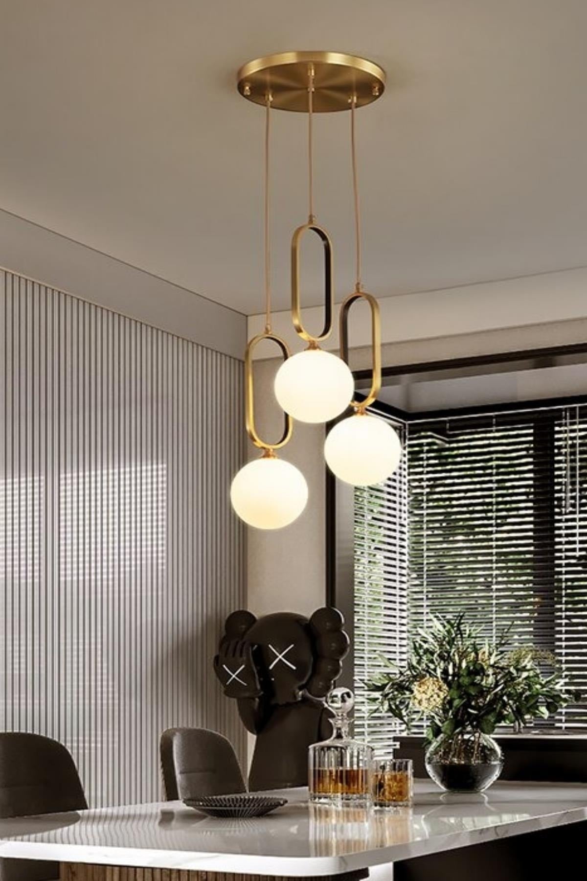 Kuzey Triple Antique Coated Stylish Modern White Glass Living Room Pendant Lamp Chandelier