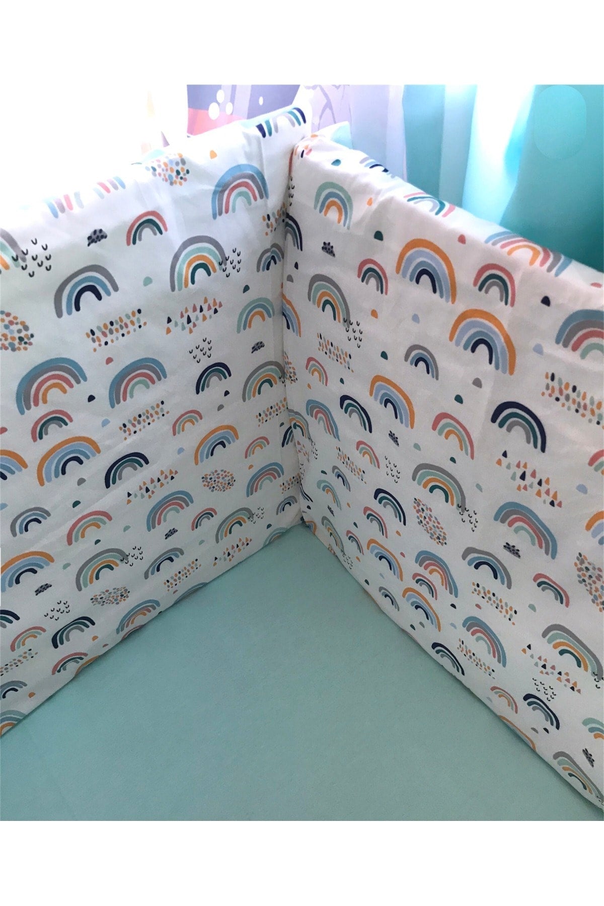 Baby Child Crib Side Protection 90X190 Cm For Montessori 4 Pieces Rainbow Mint Green