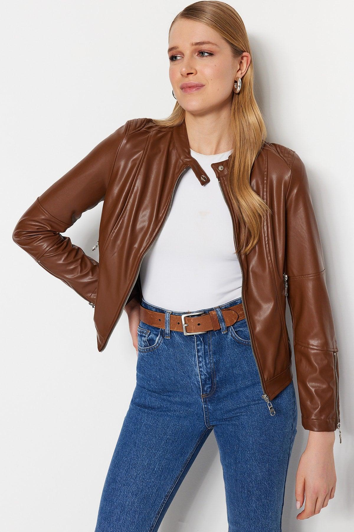 Brown Faux Leather Biker Jacket Coat TWOAW23MO00372 - Swordslife