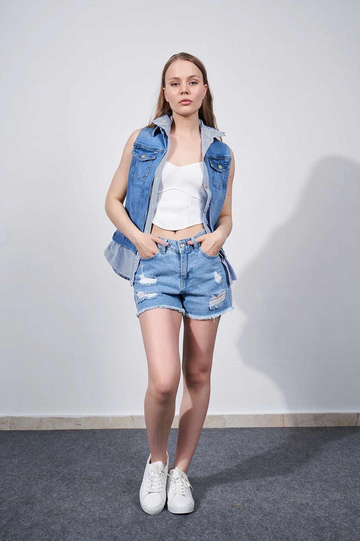 Women's Denim Jacket Vest Shirt Detailed Summer Jacket Sleeveless Denim Jacket - Swordslife