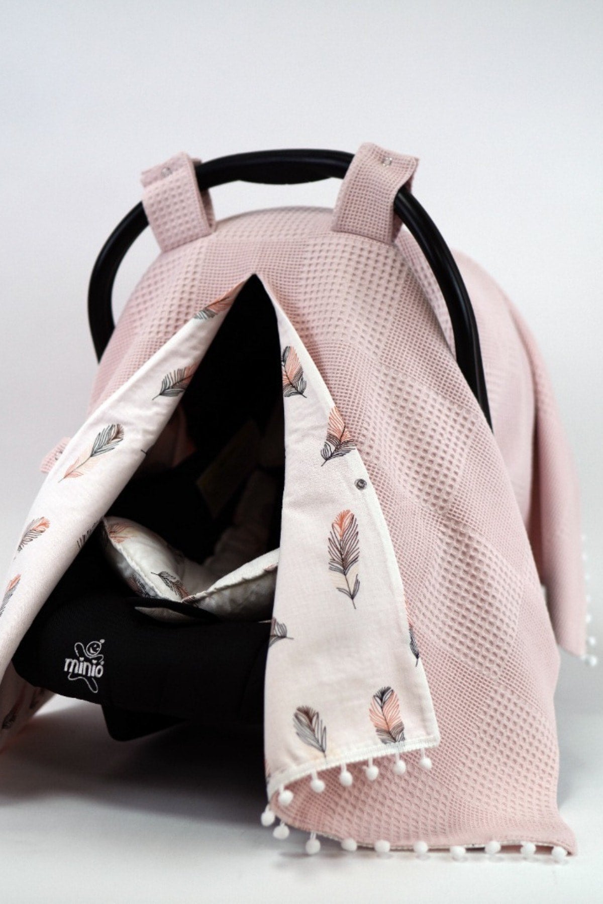 Pink/Orange Feather Poplin Pompom Stroller Cover And Cushion