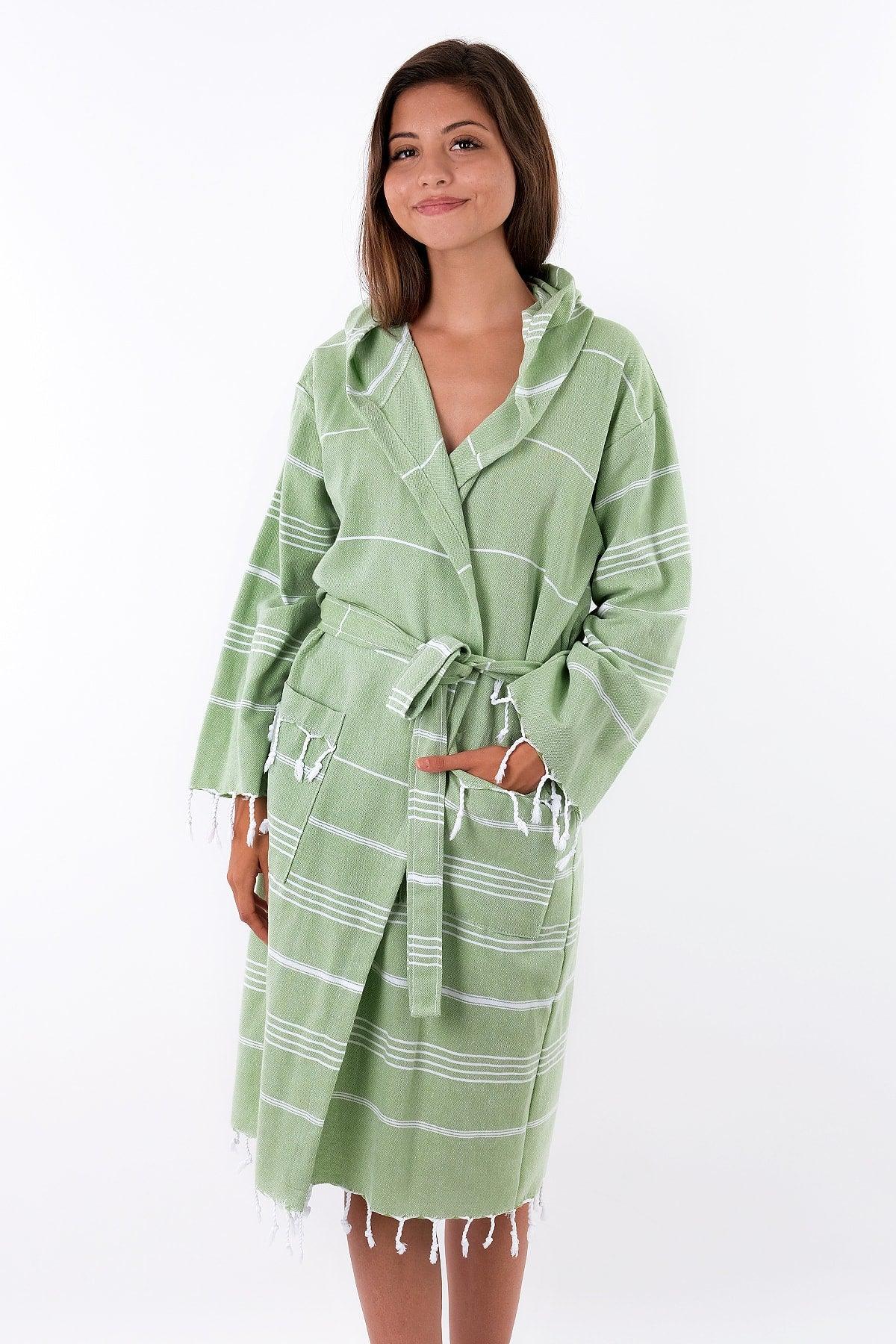 Sultan 100% Cotton Green Colored Hooded Peshtemal Bathrobe, Robe And Beach Dress - Swordslife