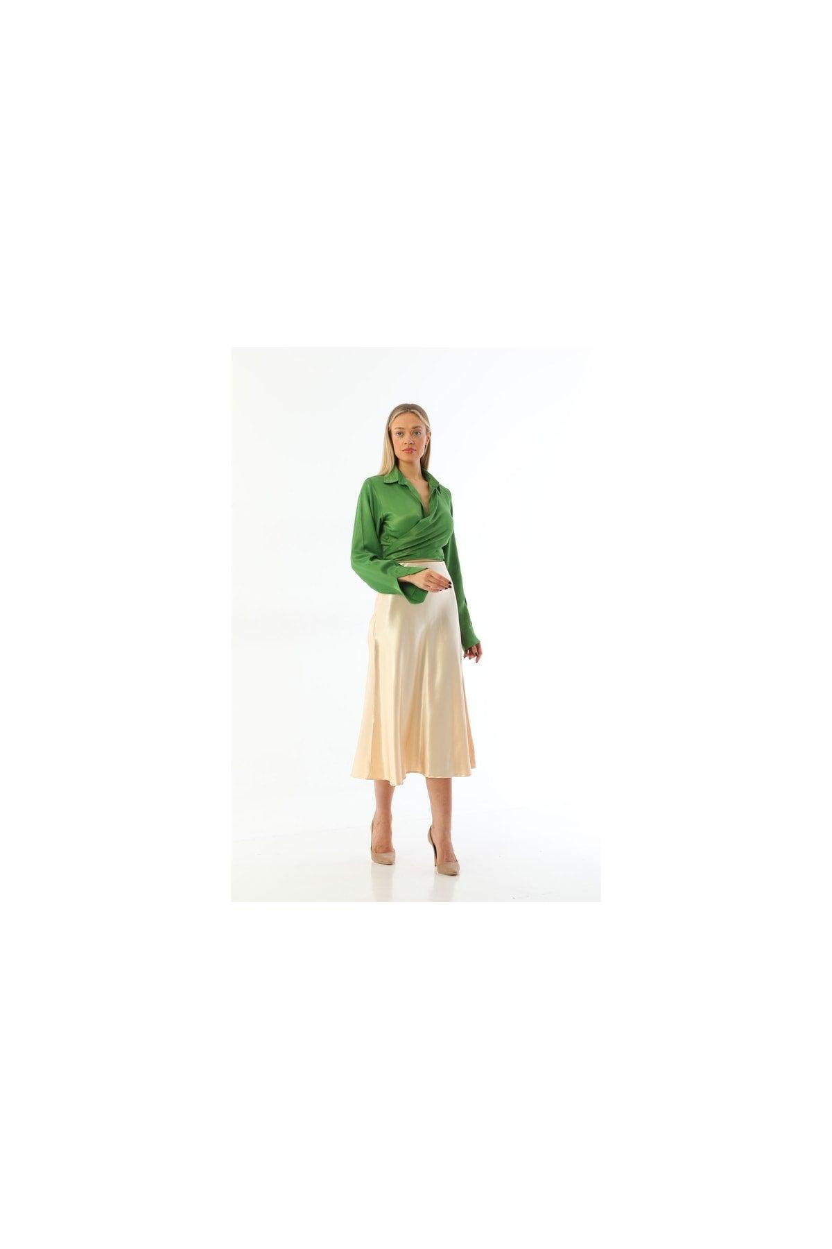 Beige Viscose Satin Midi Skirt - Swordslife