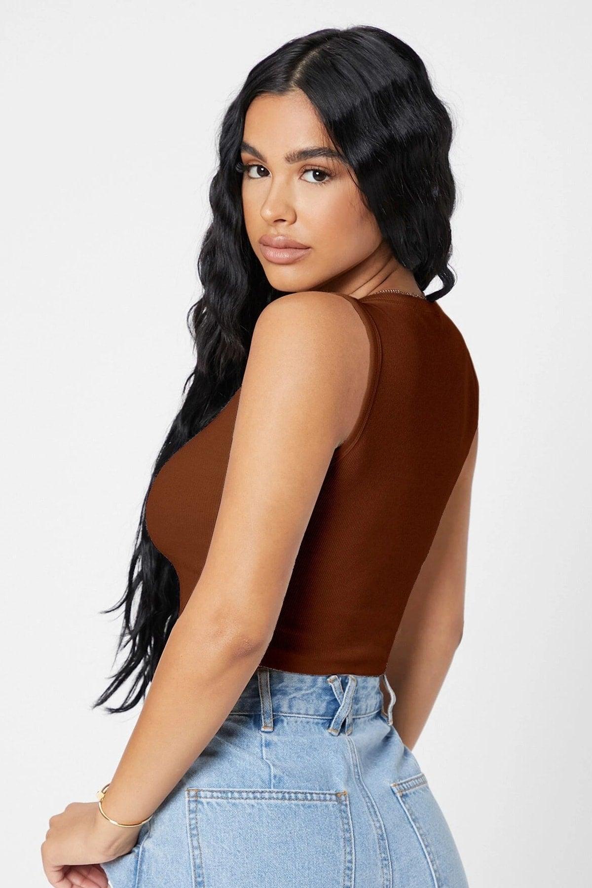 Women's Brown Square Neck Crop Top Blouse - Swordslife