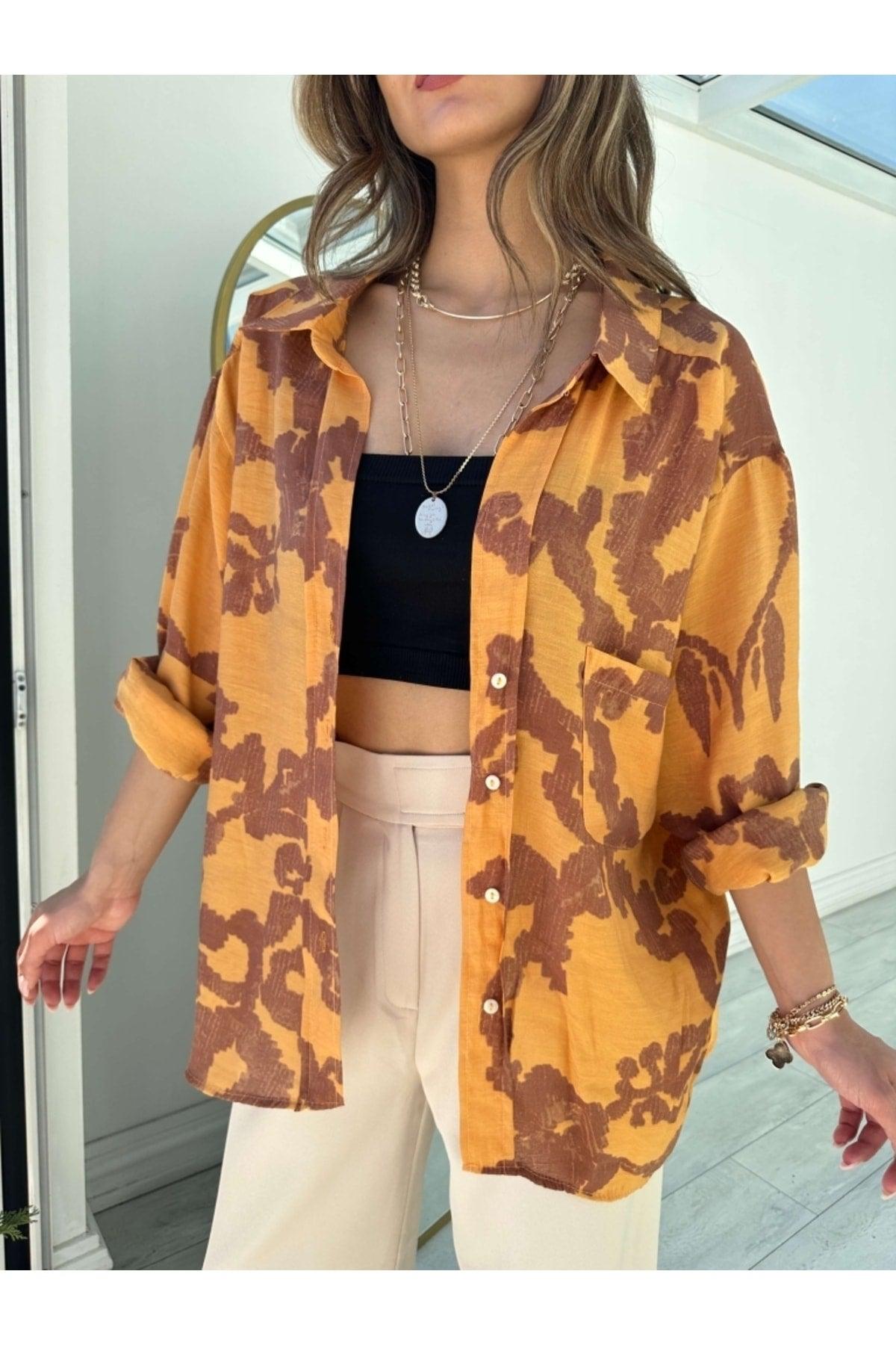 Mustard Patterned Off Shoulder Oversize Shirt - Swordslife