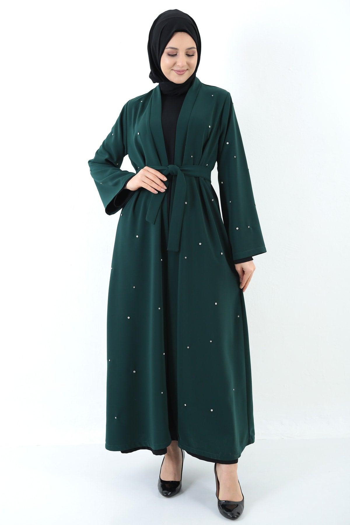 Women's Emerald Green Stone Detailed Belted Abaya - Swordslife