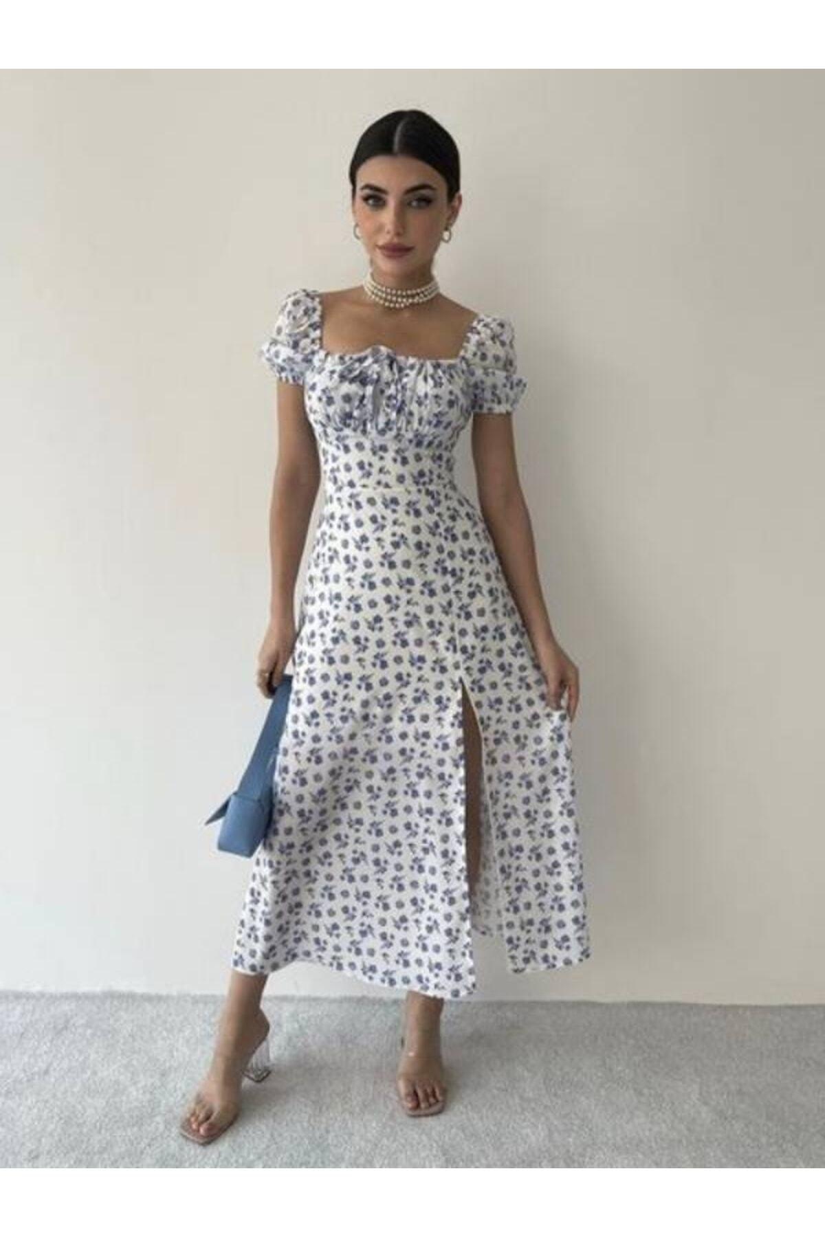 White Blue Floral Midi Length Slit Dress - Swordslife