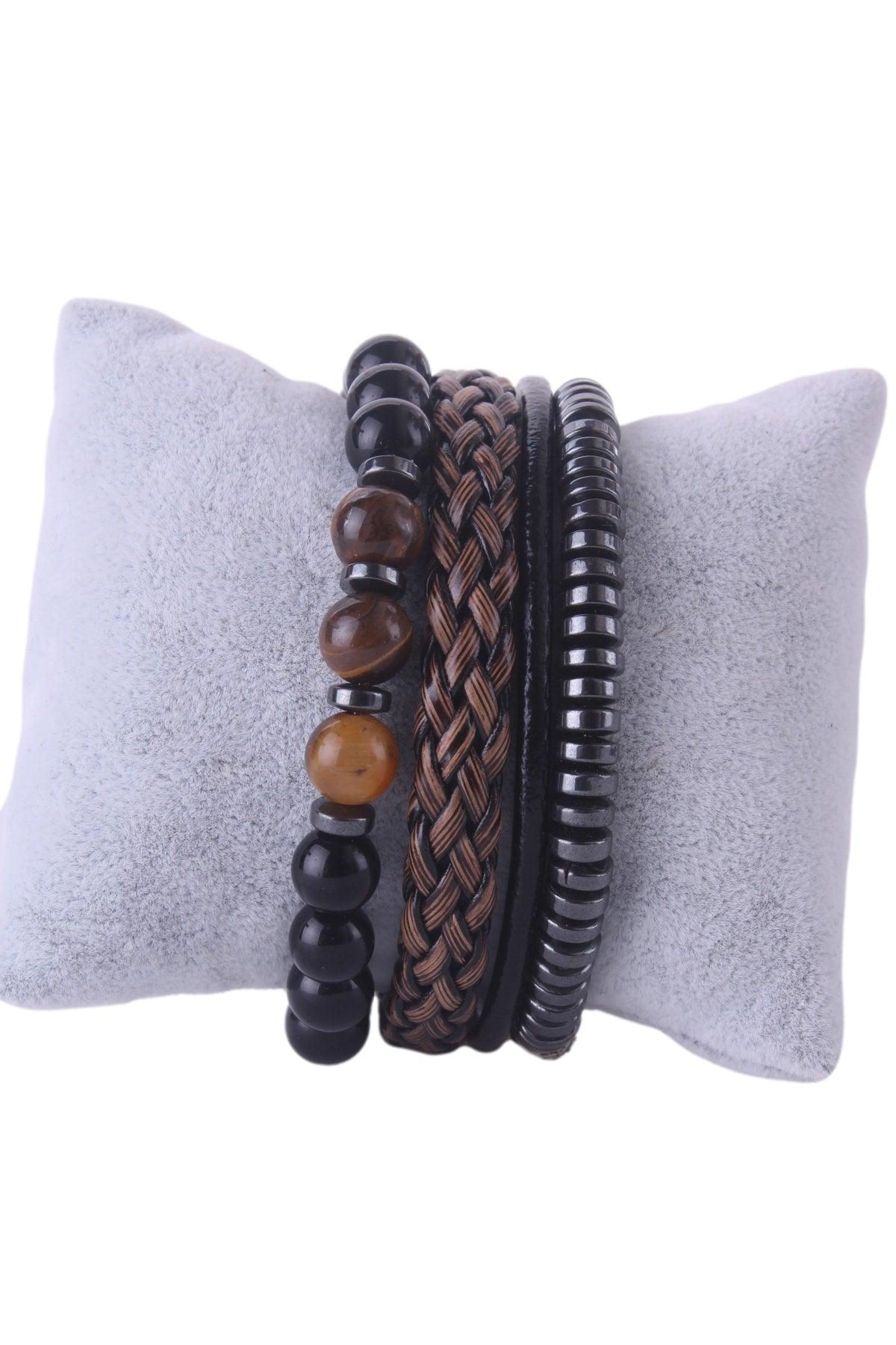 3 Piece Bracelet Set Turtle Eye, Brown Leather Hematite Stone Bracelet - Swordslife