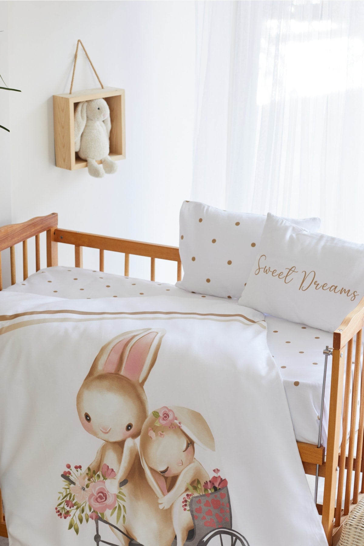 Organic Printed Cotton Satin Baby Duvet Cover Set - Polka Dot And Rabbit Themed