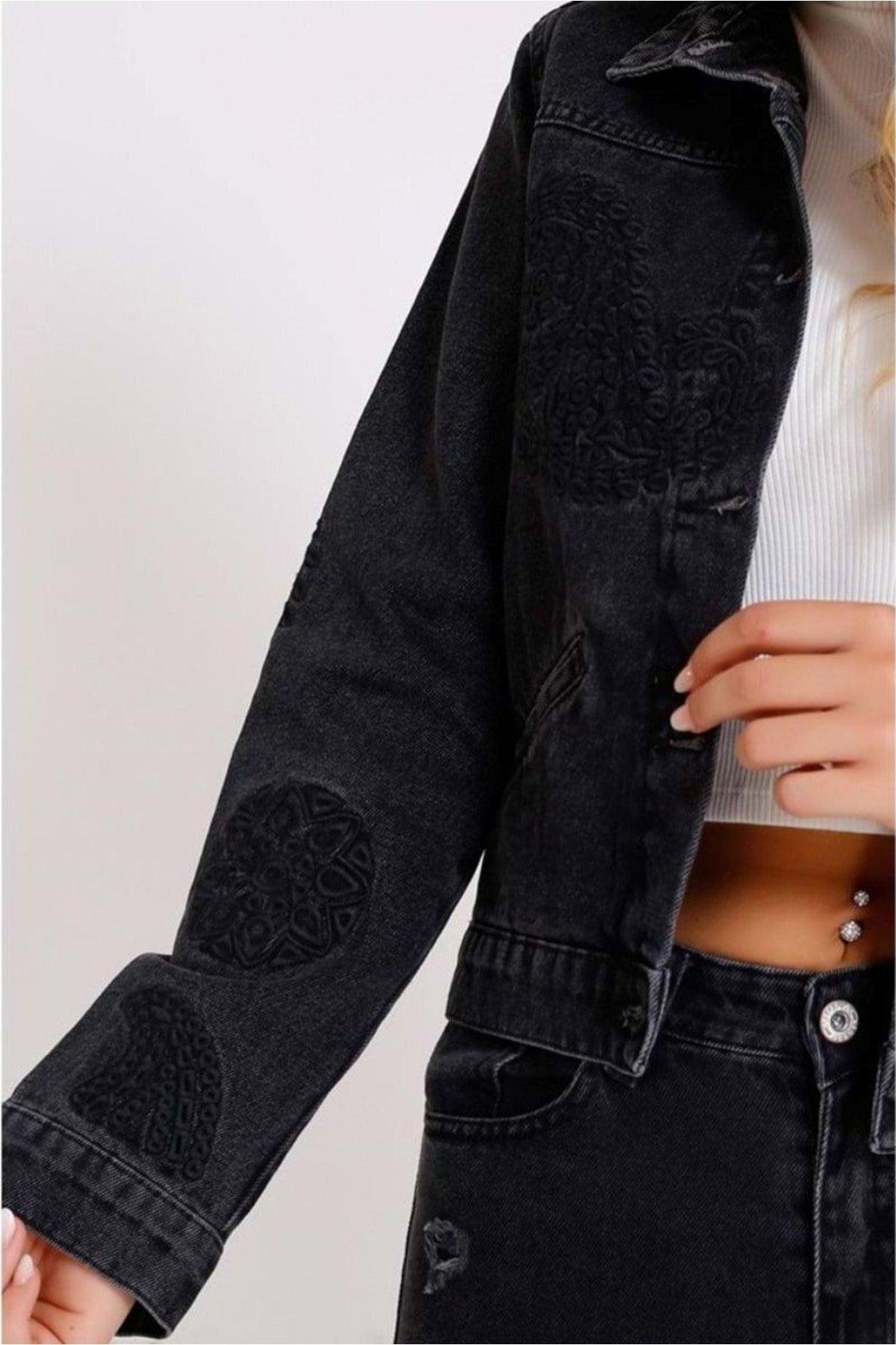 Embroidered Embroidered Short Jeans On The Front And Back Of The Sleeves Women's Jacket Buttoned Four Seasons Classic Denim - Swordslife