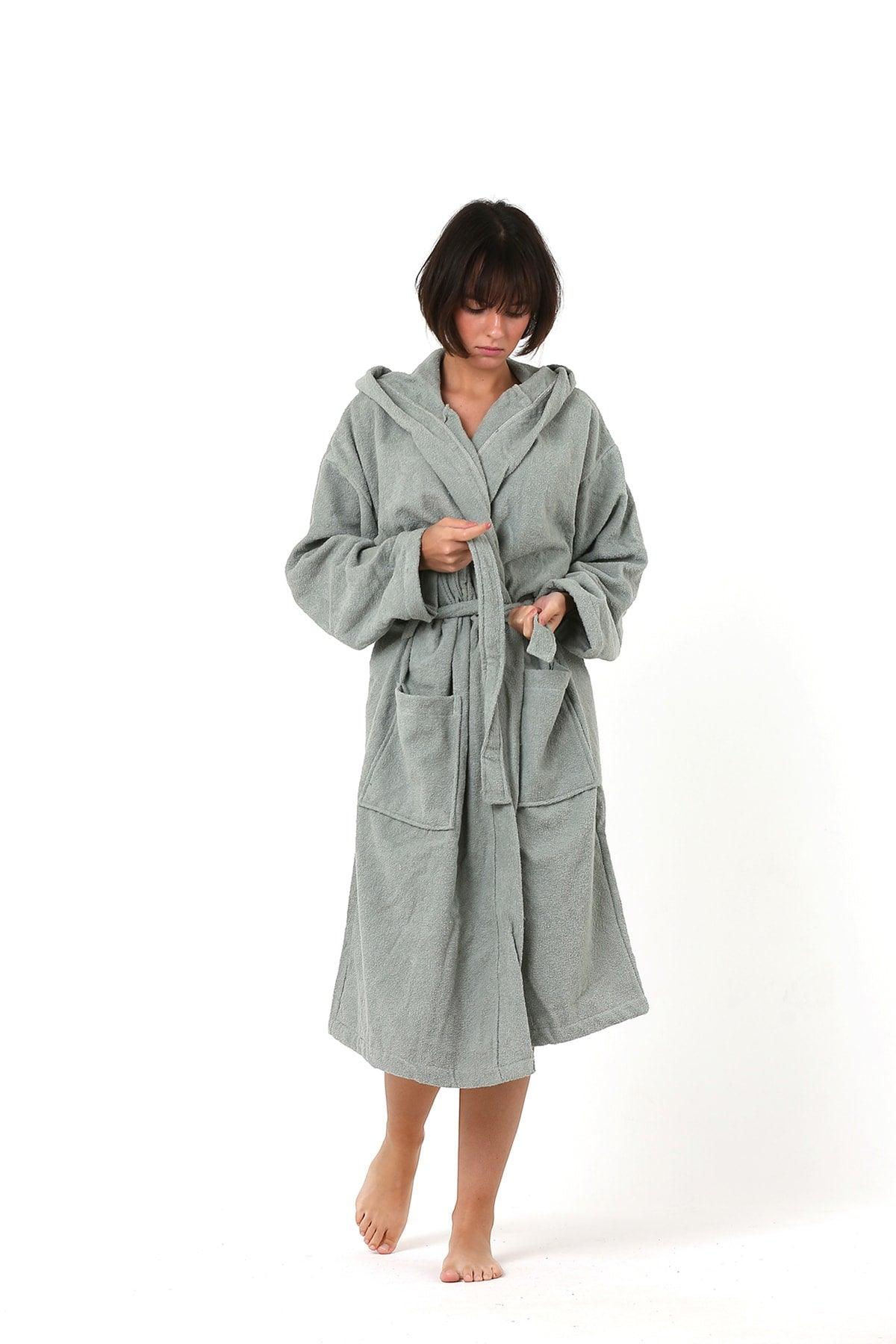 100% Cotton Hooded Towel Curl Adult Bathrobe Sage Green - Swordslife