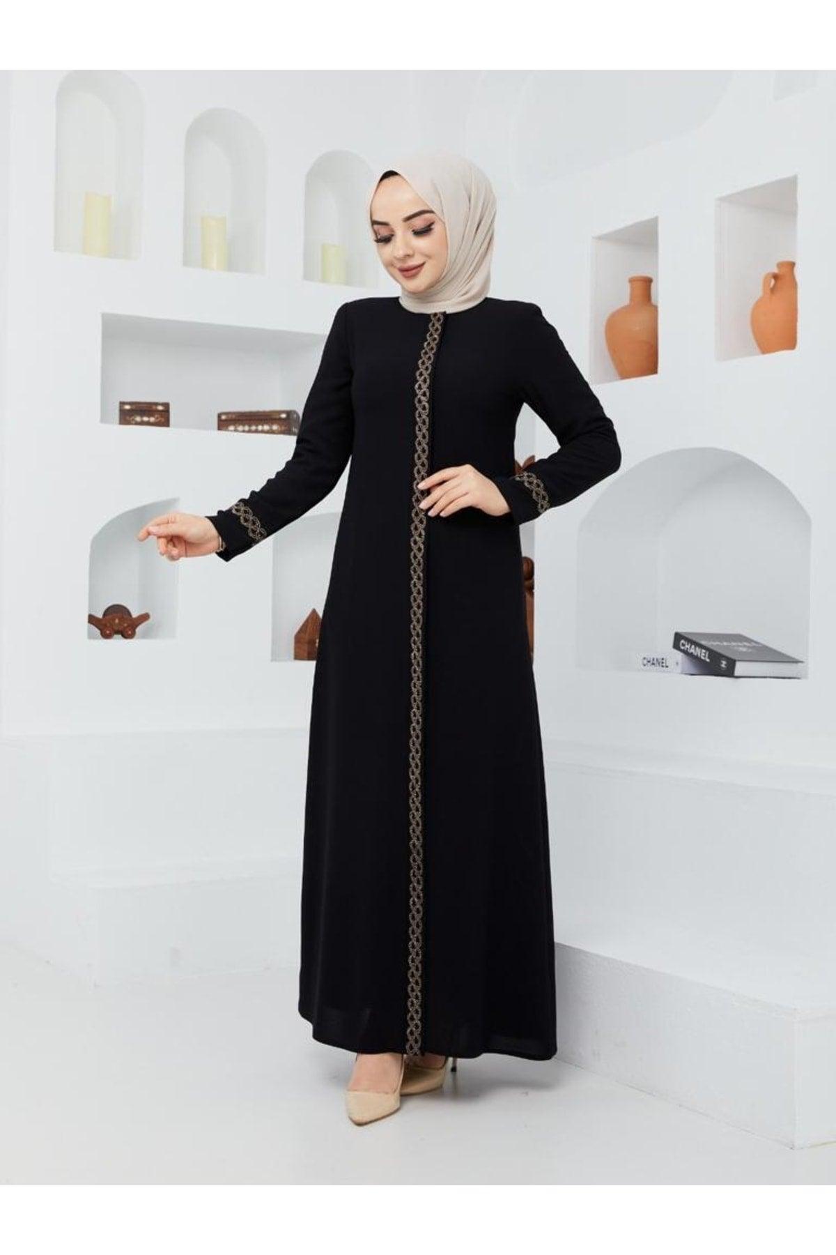 Stylish High Quality Elegant Abaya with Stone Embroidered Arms and Neck - Swordslife