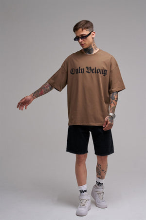 Unisex Large Size Only Belong Printed Cotton T-Shirt Brown