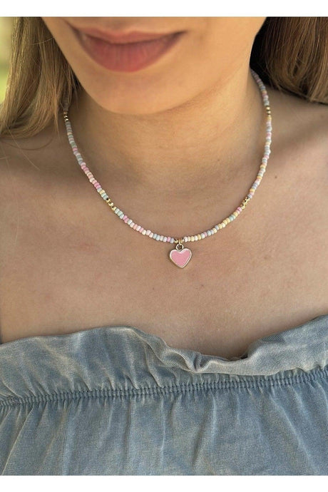 Sand bead multi color enamel heart necklace - Swordslife