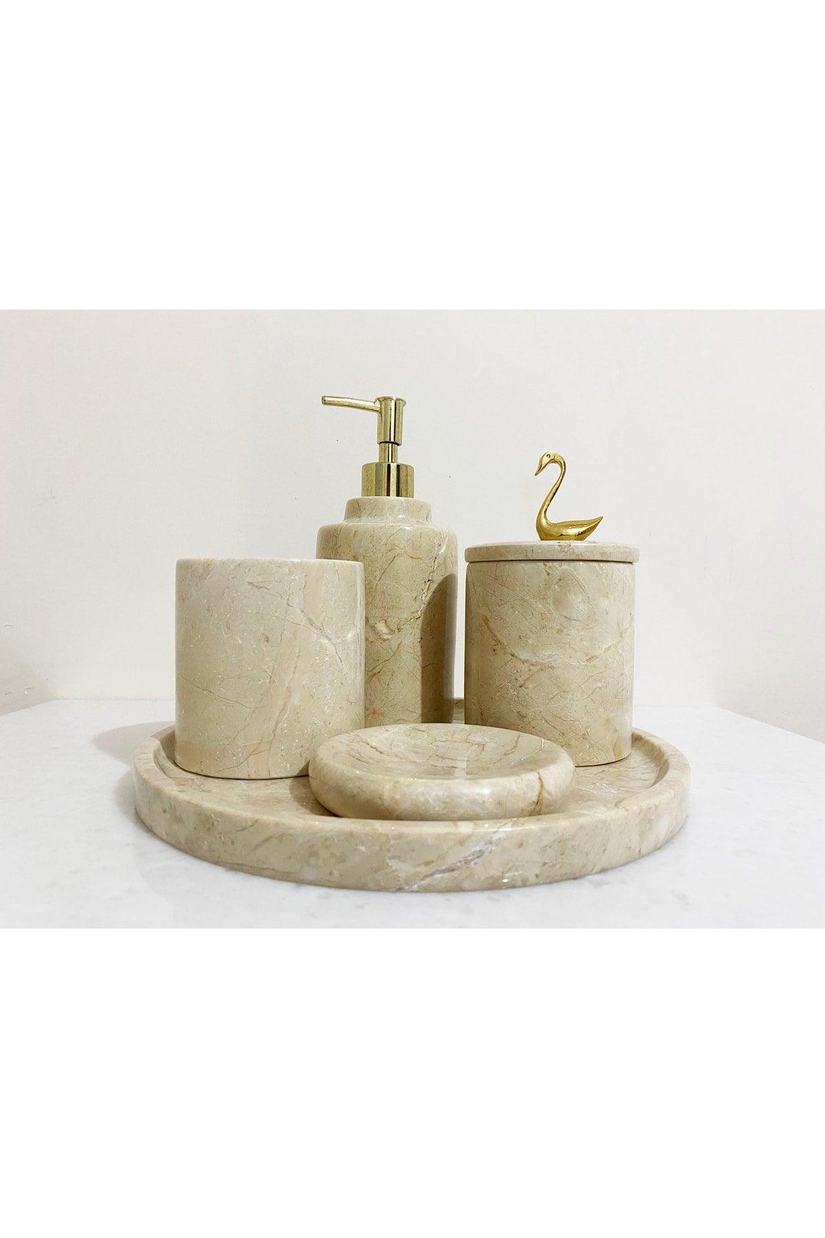 Natural Beige Marble Gold Swan Detailed 5 Pcs Bathroom Set Set - Swordslife