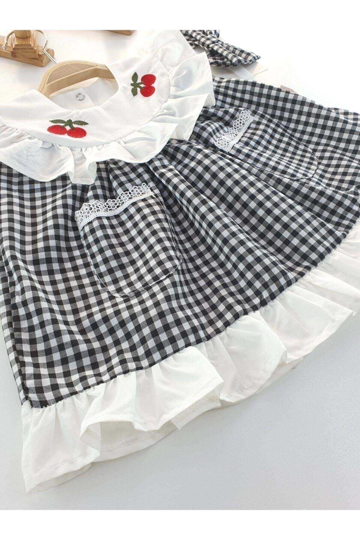 Baby Girl Black Gingham Cherry Detailed Hair Band Dress