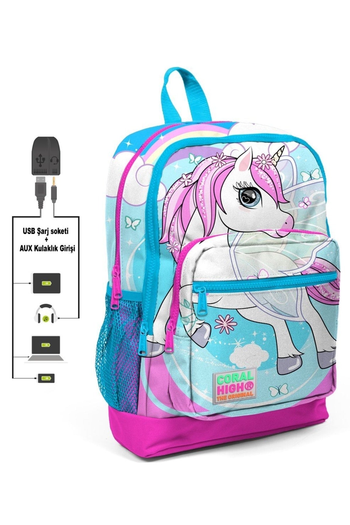 Unicorn Printed Girls' Primary School Bag Set - Usb Output