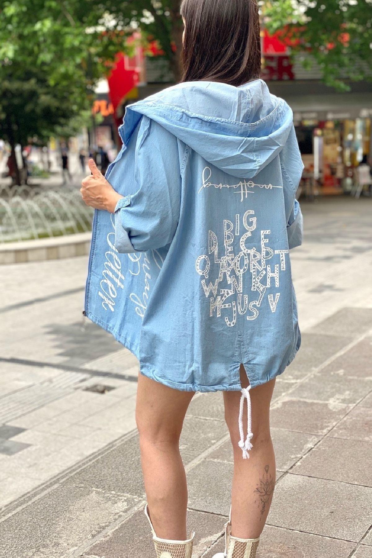 Back Printed Letter Hooded Denim Jacket - Swordslife