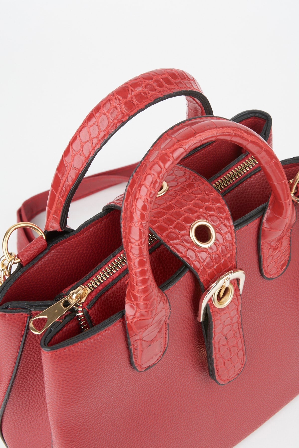 Women'S Red Croco Handle Strap 2 Compartment Snap Zipper Closure Hand And Shoulder Bag