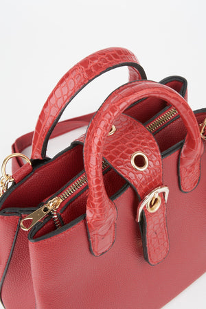 Women'S Red Croco Handle Strap 2 Compartment Snap Zipper Closure Hand And Shoulder Bag