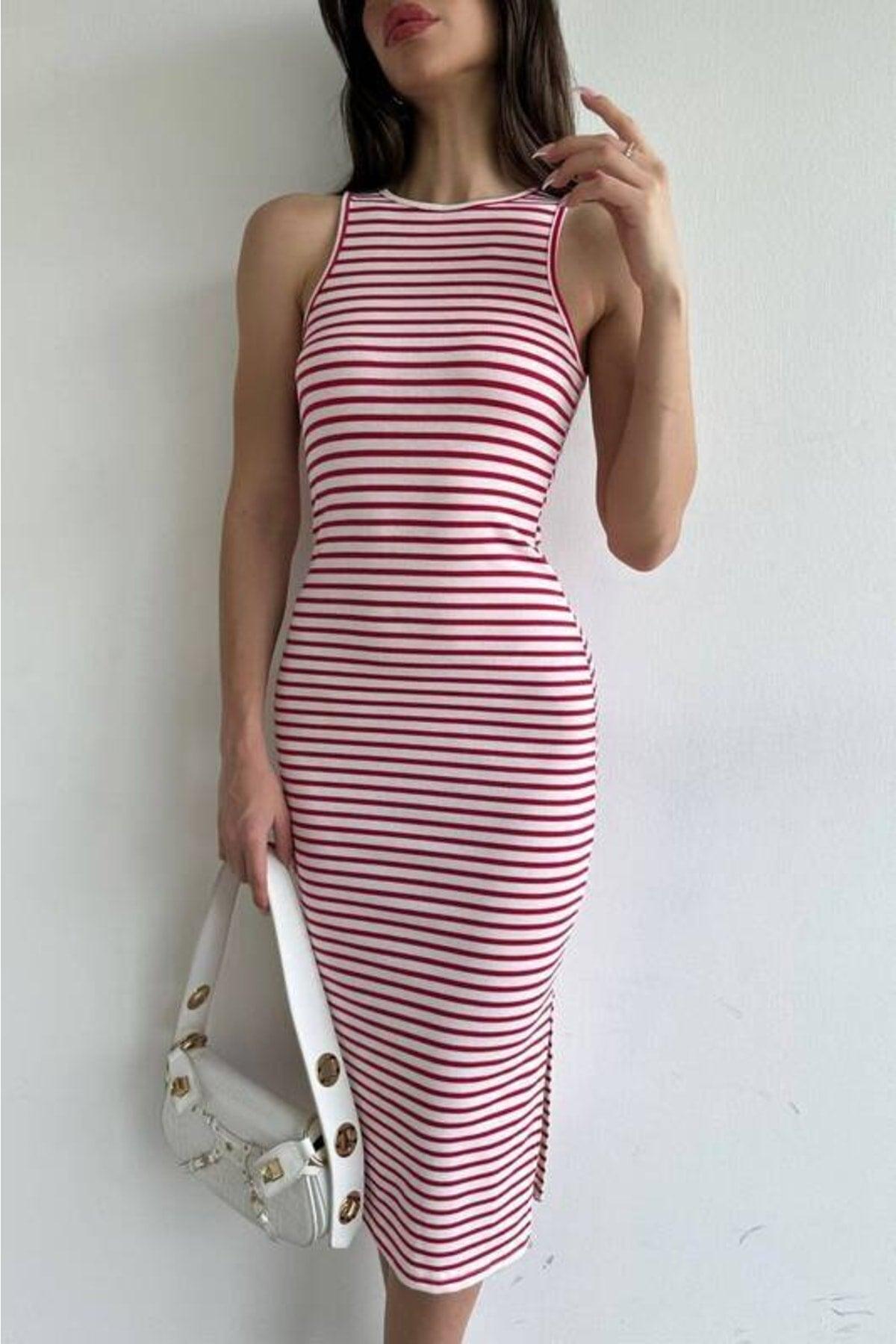 Pink Striped Midi Length Pencil Dress (zck0486) - Swordslife