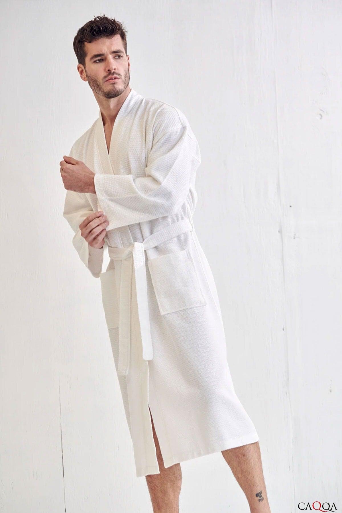 Men's White Cotton 4-Season Pique Dressing Gown and Bathrobe - Swordslife