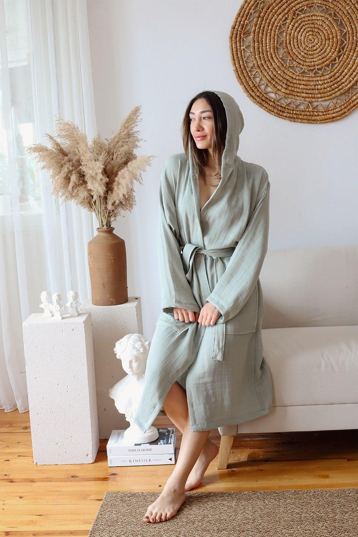 Adult Plain Muslin Bathrobe, Special Design 100% Cotton 2 Layer Hooded Sage Green - Swordslife