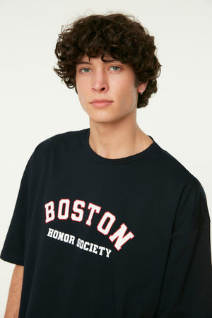 Navy Blue Men'S Oversize Crew Neck Short Sleeve City Printed 100% Cotton T-Shirt Tmnss21Ts1217
