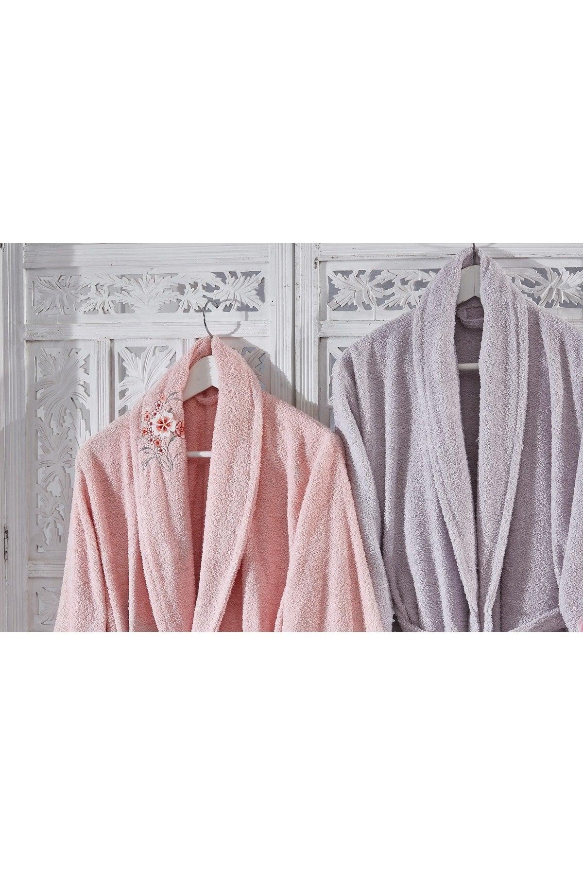 Family Embroidered Pink & Lilac Family Bathrobe Set 6 Pieces Dowry Women Men Bathrobes Bath Towel Set - Swordslife