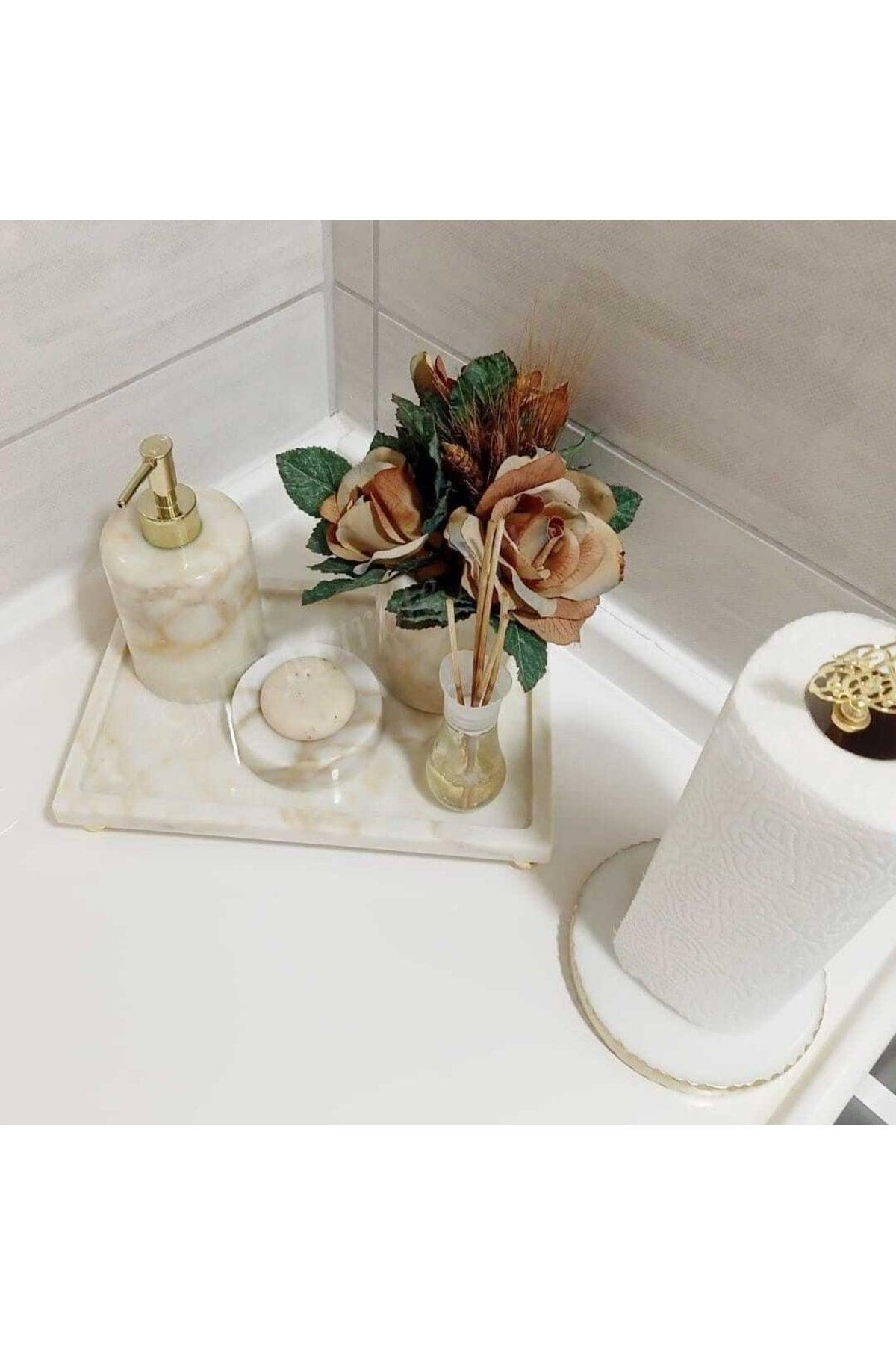 Light Sugar - Natural Marble Bathroom Set | With One Piece Tray | Gold Top Stand | Gold Towel Holder | 6s - Swordslife