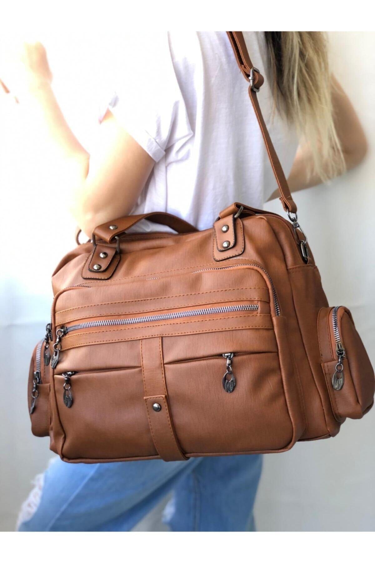 Samilon Women'S Tan Wash Leather Multi-Compartmental Shoulder And Handbag