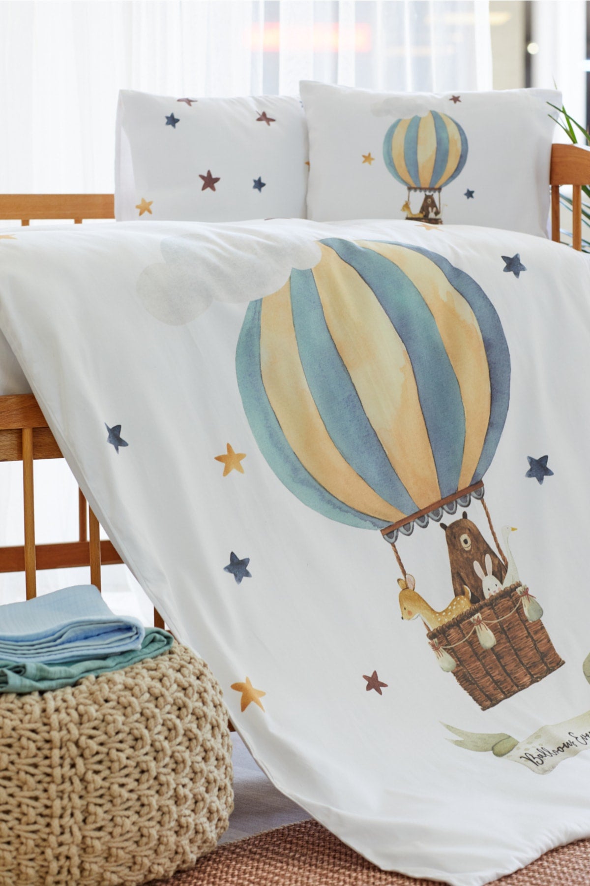 Organic Printed Cotton Satin Baby Duvet Cover Set - Teddy Bear, Flying Balloon And Star Themed