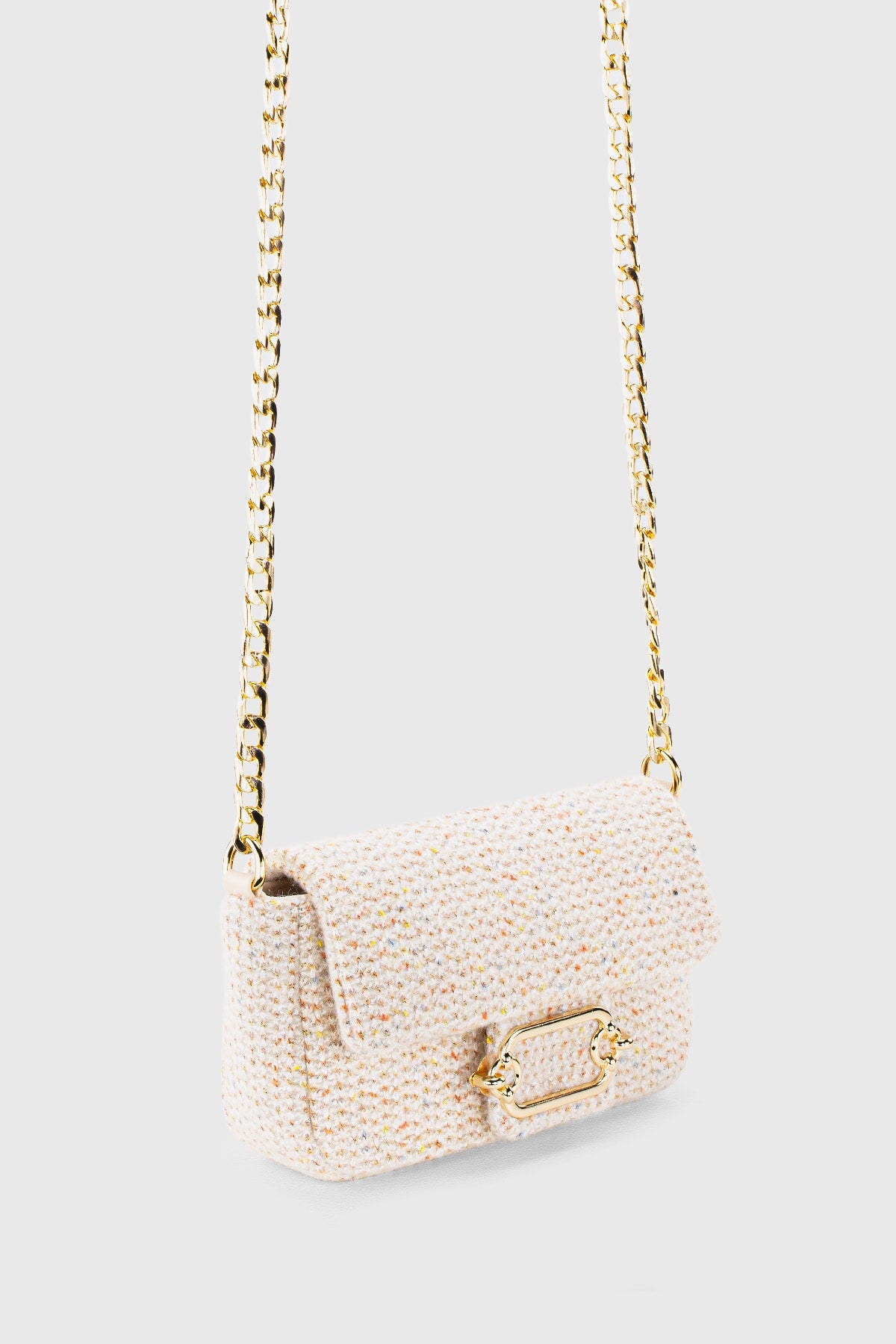 Women'S Tweed Cream Chain Magnet Closure Crossbody Bag 225